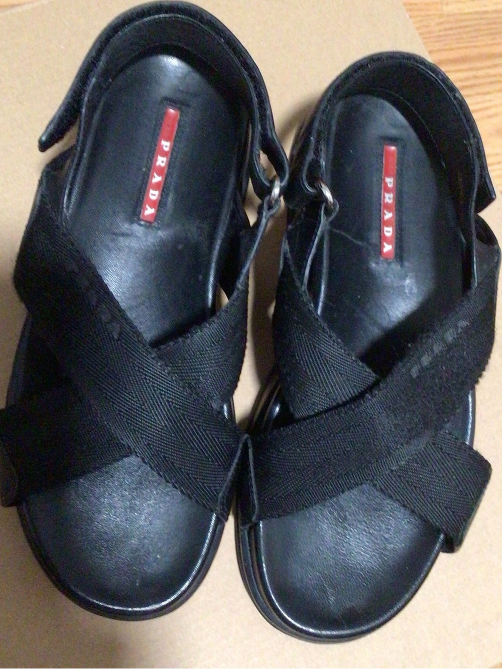 Prada Black Leather and Fabric Crisscross Platform Sandals